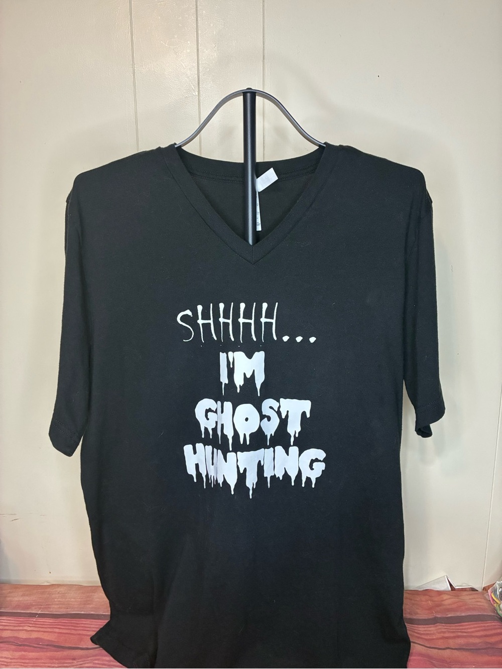 Black Tee with White 'SHHH... I'M GHOST HUNTING' Graphic